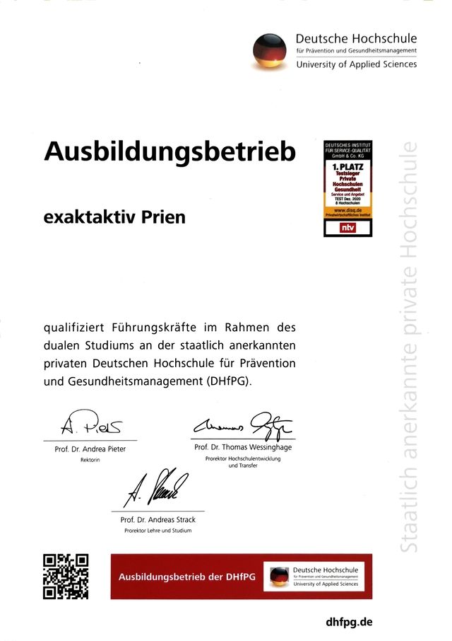 Zertifikat: Ausbildungsbetrieb der DHfPG
